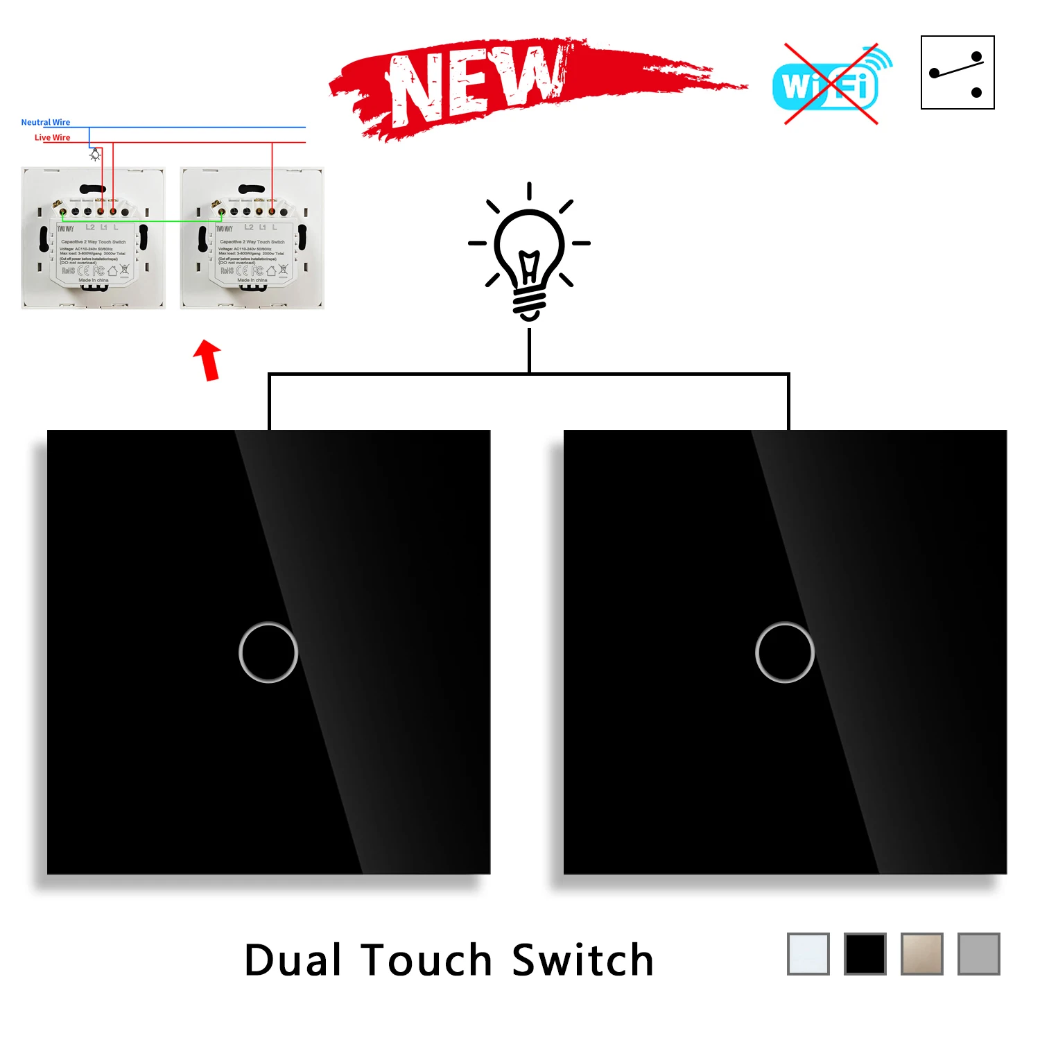 Interrupteur double tactile bidirectionnel 1 gang 86*86mm, norme française, avec panneau en verre trempé, pour escalier et chambre, avec capteur Wi-Fi