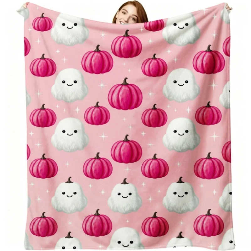 Purple Minimalist Ghost Flannel Throw Blanket,Cute Spooky Face Print Soft Warm Lightweight Blanket for Halloween Home Decor