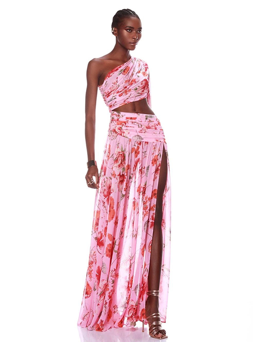 Sexy Schuine One Shoulder Slanke Bloemen Maxi Jurk 2024 Elegante Bloemenprint Onregelmatig Uitgesneden Lange Mouwen Jurk Feest Avond