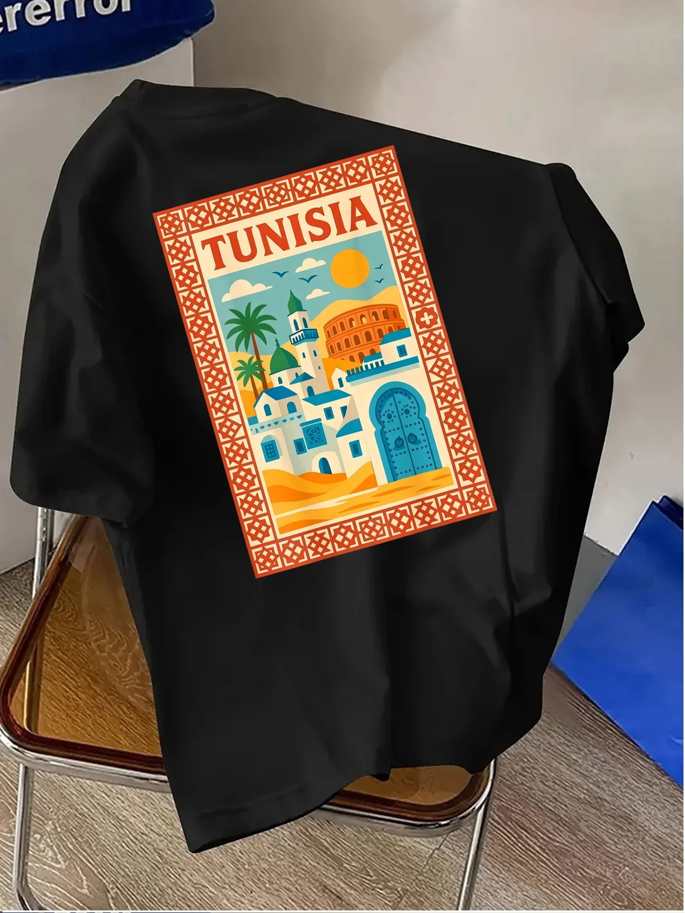 Retro Travel Poster Style Tunisian North African Cityscape Print Men's 100% Cotton T-shirt Casual Street Style Top