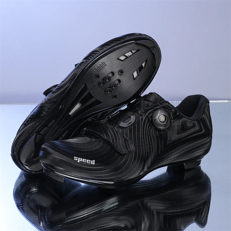 Wave Pattern Road Bike Cycling Shoes, Single Rotating Buckle & Magic Tape Design, Breathable Punch Upper Hard Lock Sole Bicycle