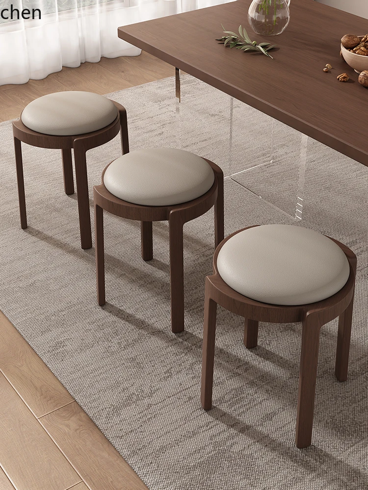 HXL Genuine Leather Dining Stool Casual Solid Wood Stackable Storage Round Stool Dining Chair
