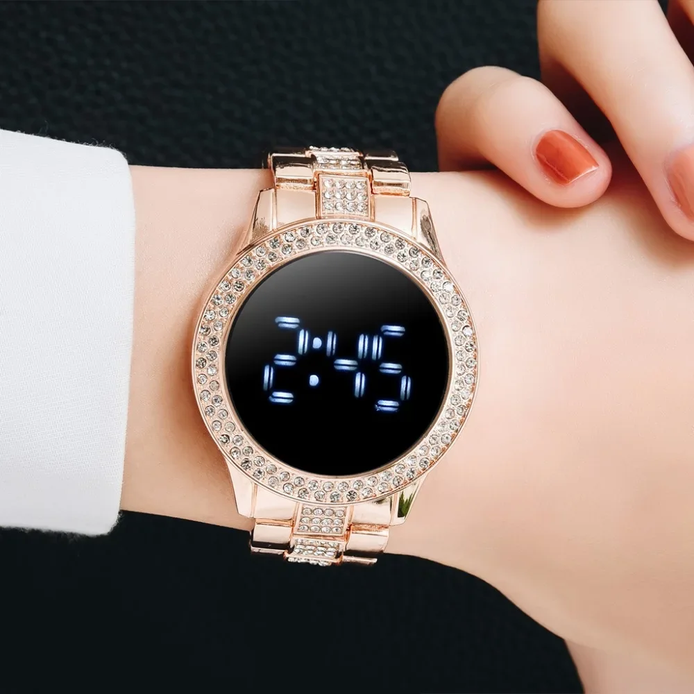 Luxury Rose Gold LED Digital Watches for Women Stainless Steel Diamond-set Dial Magnet Dress LED Quartz Watch Relogio Feminino