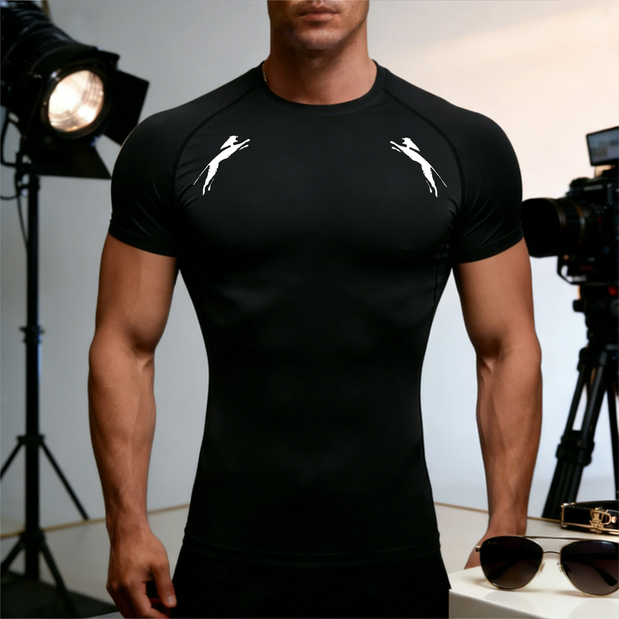 Men's Letter print compression running fitness tight short sleeved T-shirt training jogging shirt gym sportswear quick drying