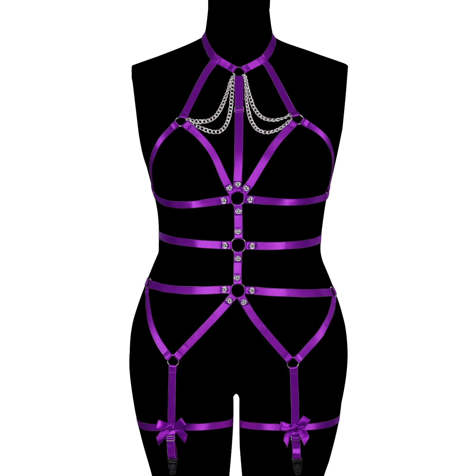 Women Fashion Purple Suspender Belt Bdsm Bow Harness Set For Busty Cage Bra Clothes Adjust Waist Belt Pole Dance Rave Wear