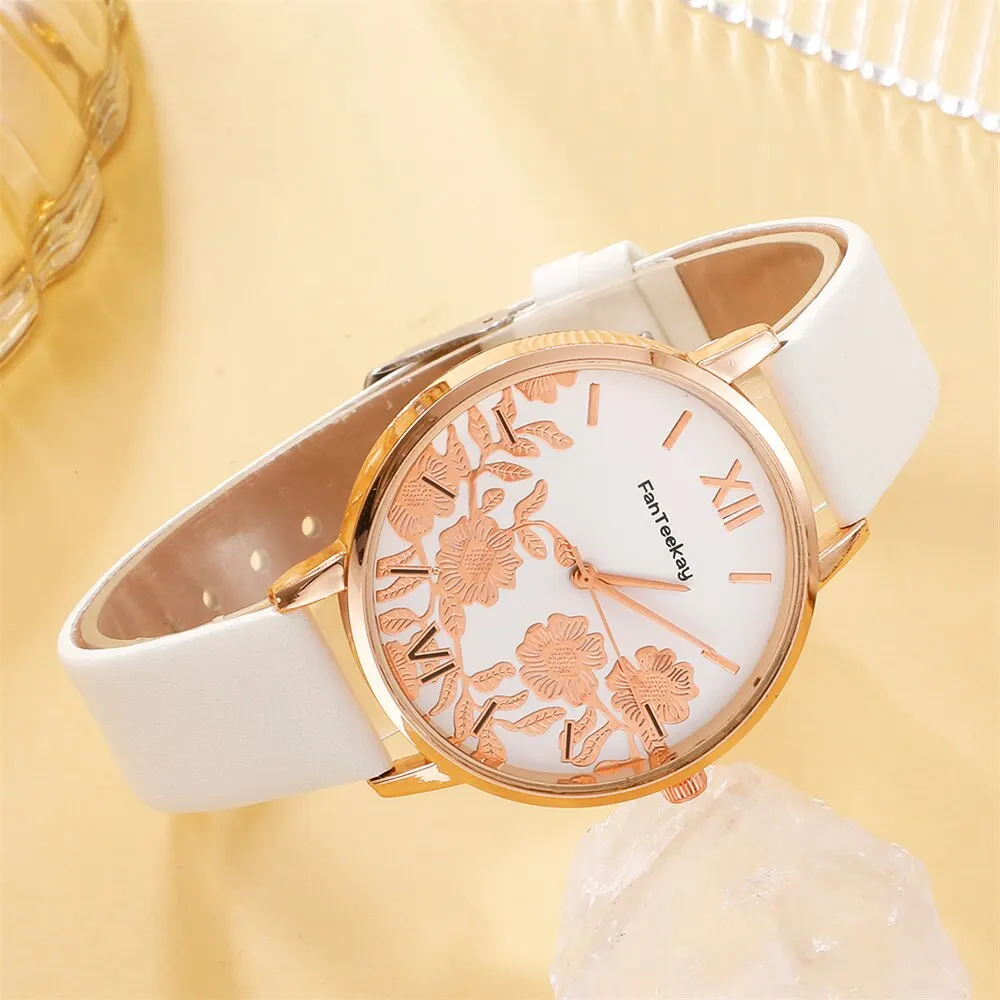 5PCS Set Womens Bracelet Quartz Watches For Women Leather Watch Ladies Sports Dress Rose Dial Wrist Watch Clock Relogio