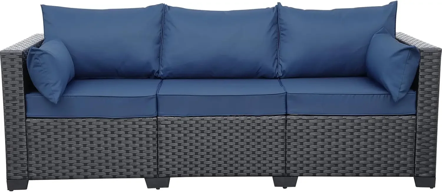 أثاث خارجي، أريكة ذات 3 مقاعد، مقعد عميق، مسند ظهر عالي، غطاء مقاوم للماء، وسائد مضادة للانزلاق، أزرق داكن