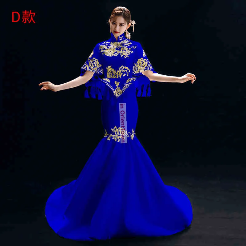 Chinese Style Blue Host Dress for Women Gorgeous Stage Performance Cheongsam in OrientTown Fashion Show Spring Autumn Long Dress