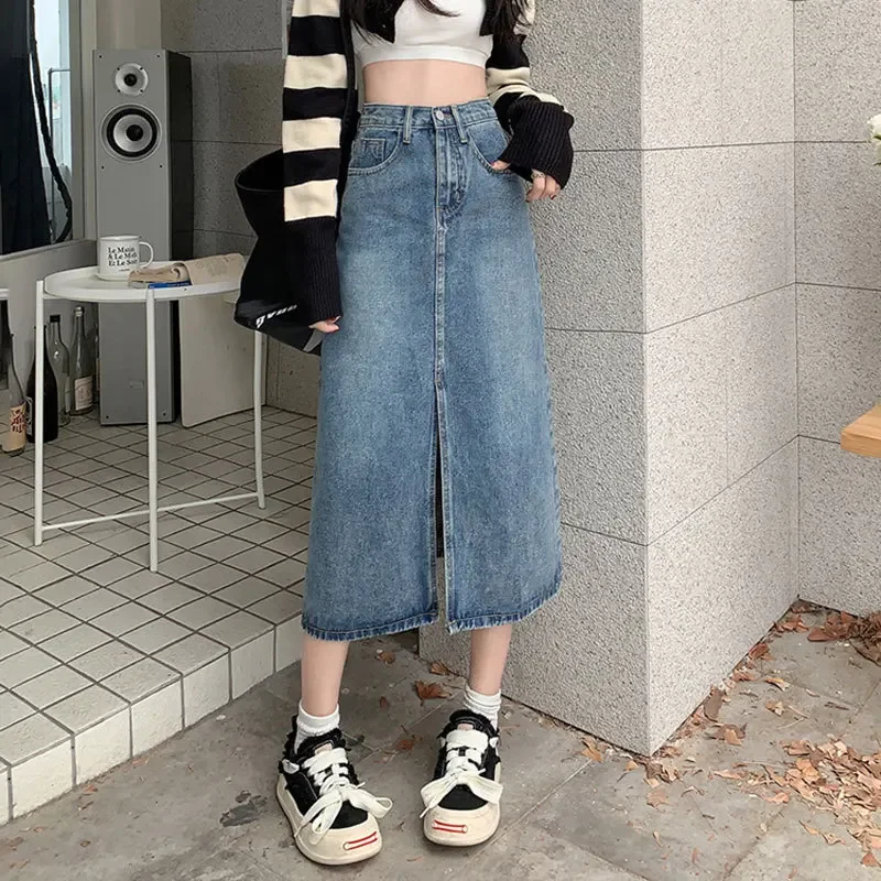 Mid-length Slit Half Body Denim Skirt, Ladies Spring and Autumn Fashion Retro High Waist Hip Wrap Denim Half Body Skirt Women