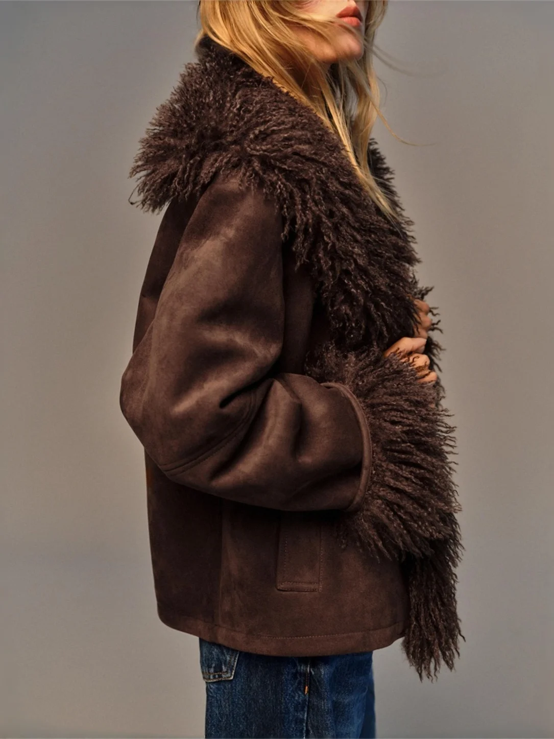 Ele Doppelseitiger Kunstfell-Effekt Jaet New Autumn Faion Damen-Oberbekleidung Long Sve Stand Fit Chinesisch hergestellt