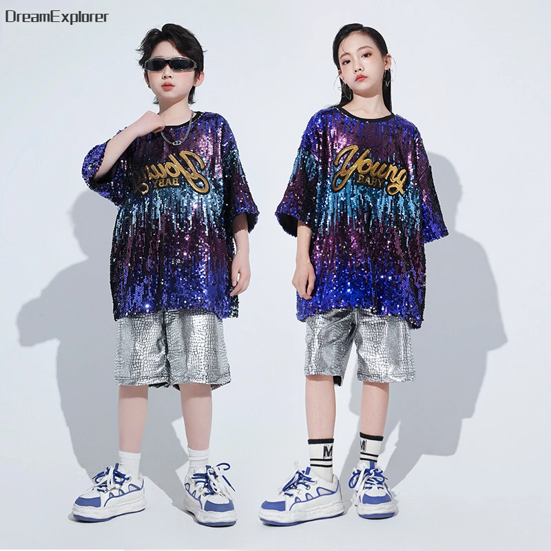 Boys Sequin Contrast T-shirt Hip Hop Joggers Girls Streetwear Kids Street Dance Shorts Clothes Sets Children Jazz Stage Costumes