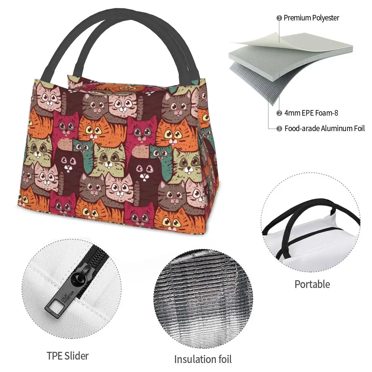 Cute Cartoon Colorful Cats Lunch Bag Animals Portable Zipper Lunch Box Picnic Design Cooler Bag Aesthetic Thermal Tote Handbags