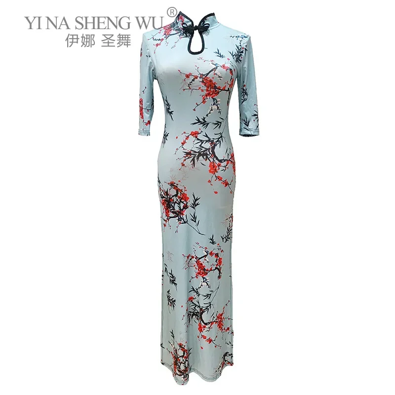 Długa sukienka do ćwiczeń tańca klasycznego dla kobiet w stylu chińskim Cheongsam z rozcięciem, z guzikiem węzłowym, zwiewna koszula do tańca ludowego w kwiaty