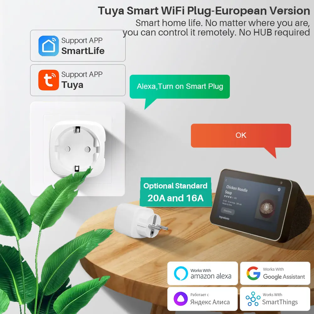 20A/16A Tuya Smart Plug Power Monitor WiFi Socket, Smartlife App, Works with Alexa, Google Home, Alice, Smart Things Smart House