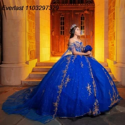 EVLAST Customized Royal Blue Quinceanera Dress Ball Gown Gold Lace Applique Beading With Cape Sweet 16 Vestido De 15 Anos TQD480