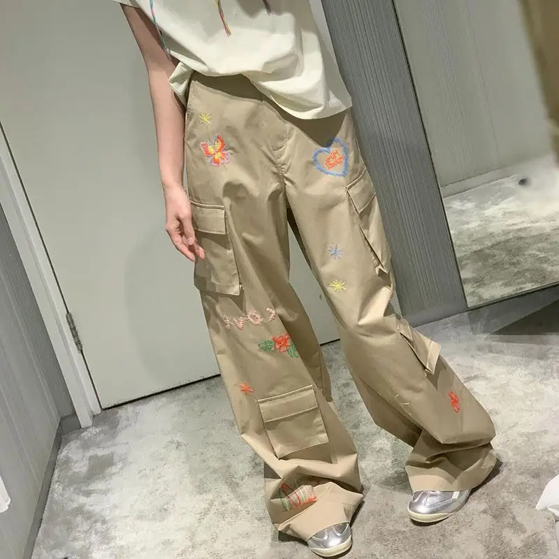 Chic Design Embroidery Cargo Pants Butterfly & Heart Graphic Aesthetic Wide Leg Trousers Retro Streetwear Fashion Women American