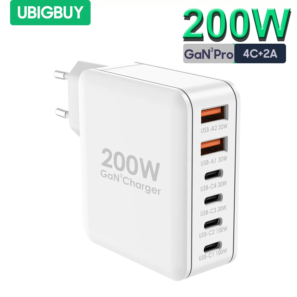 200W Fast Charger 6-Ports GaN USB C Charging Station Power Adapter for MacBook Pro/Air iPhone 15/14 Samsung Galaxy S23 Ultra