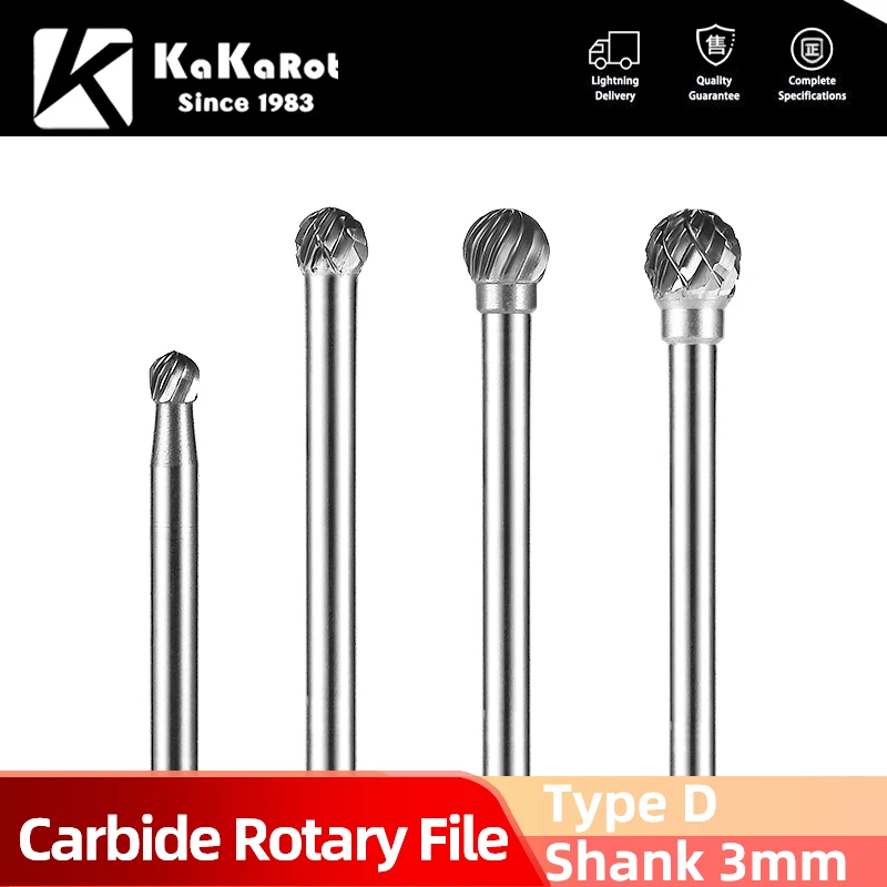 KaKarot 3mm Shank D Type Tungsten Carbide Rotary Files D0303M03 Single Burr Drill Bit CNC Engraving Rotary Tool Cutter Lime Core