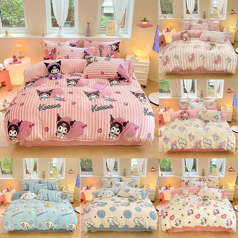 Sanrio Genuine Winter Milk Velvet Bedding Set Hellokitty Kuromi Melody Cinnamoroll King Queen Pillowcase Bed Linens Home Textile