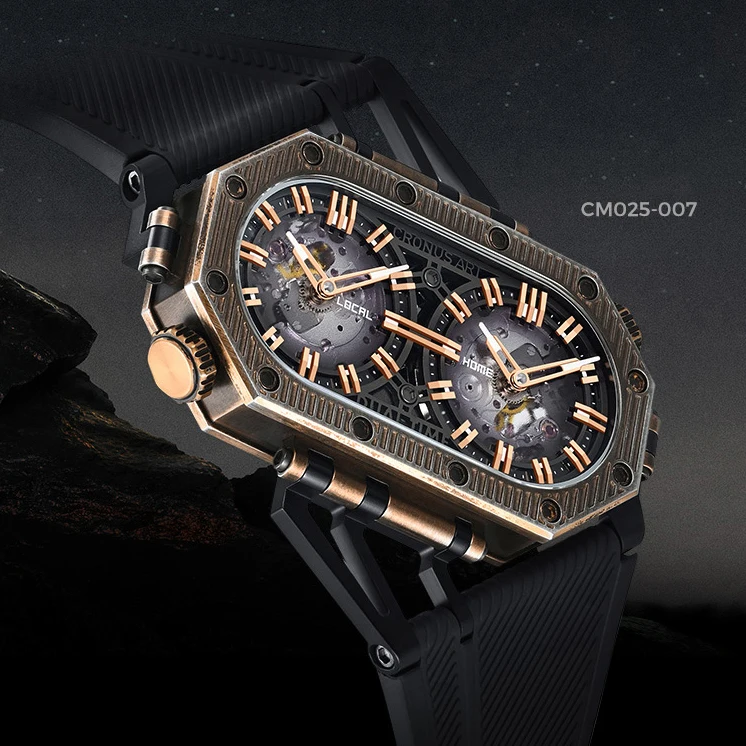 CRONUSART Orologio automatico da uomo 50mm * 29mm Orologio da polso meccanico rettangolare Cinturino in gomma fluorurata Doppio fuso orario Quadrante Specchio zaffiro