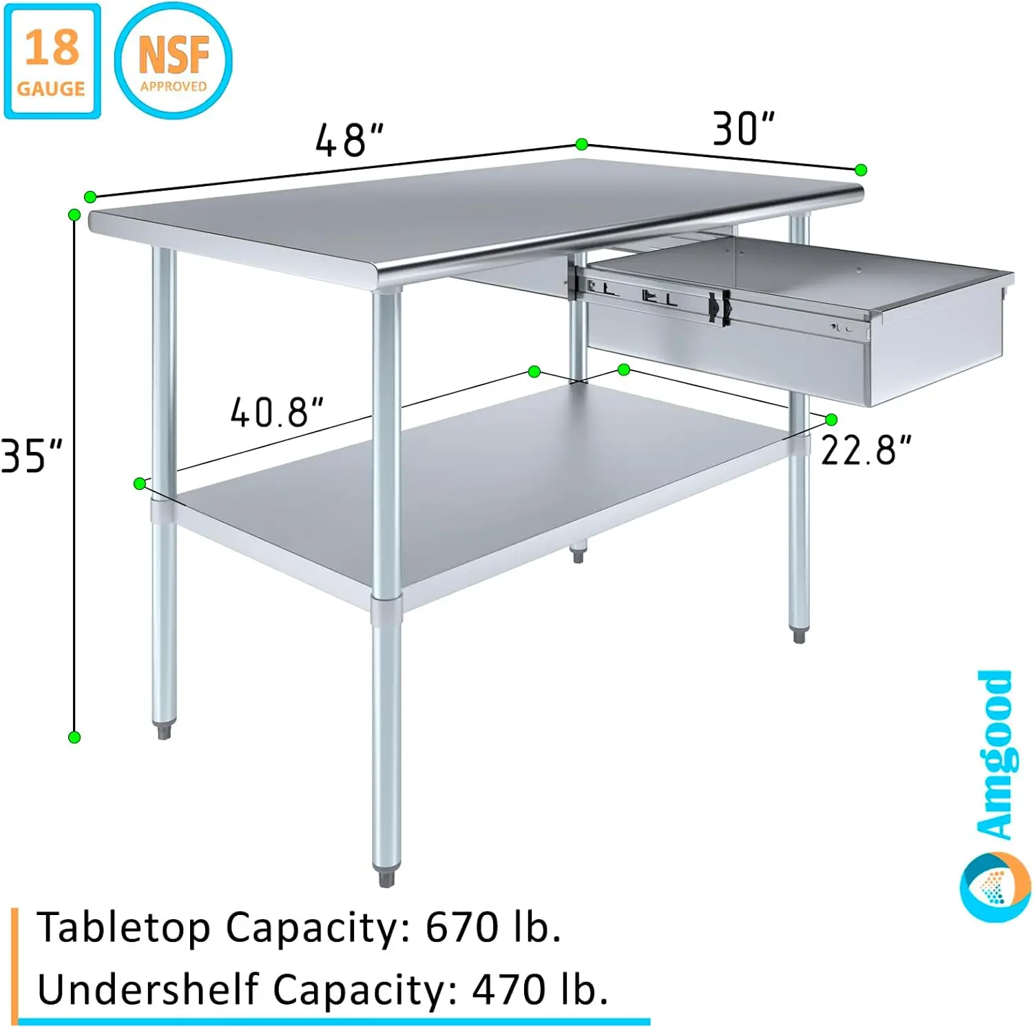 Banco utilitario de garaje de lavandería para cocina comercial y residencial, mesa de acero inoxidable y cajón, 48 "de largo x 30" de profundidad