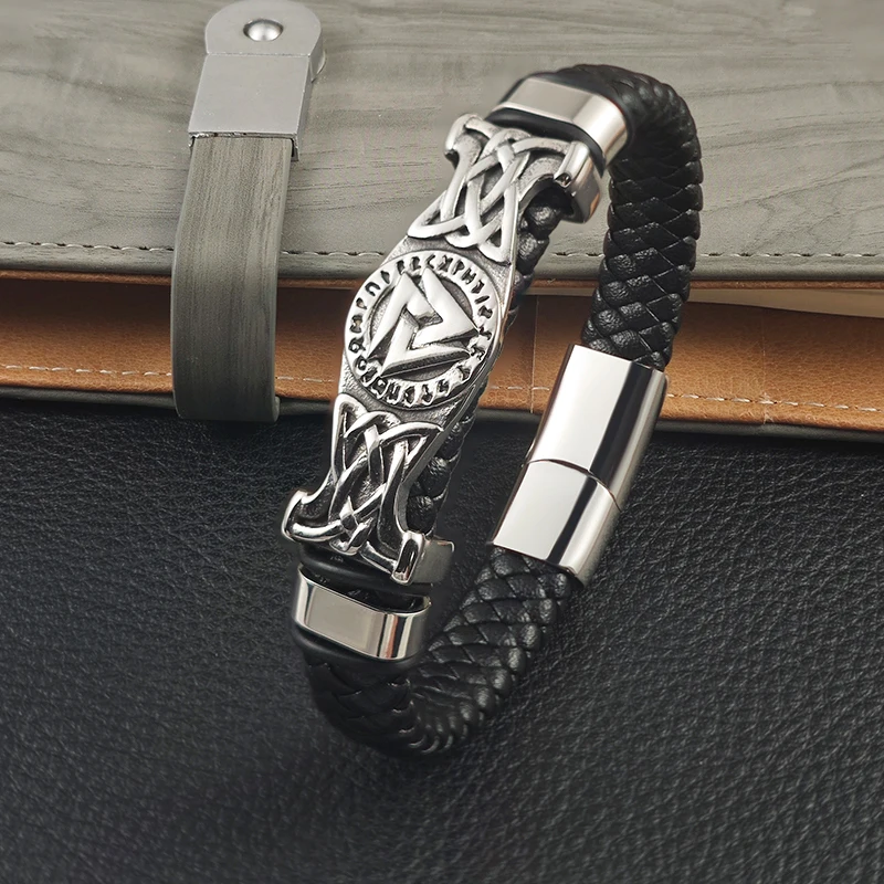 

New Viking Odin's Knot Symbol Leather Braid Men Valknut Bracelets Stainless Steel Charm Jewelry Men Day Bangles for Male Gift