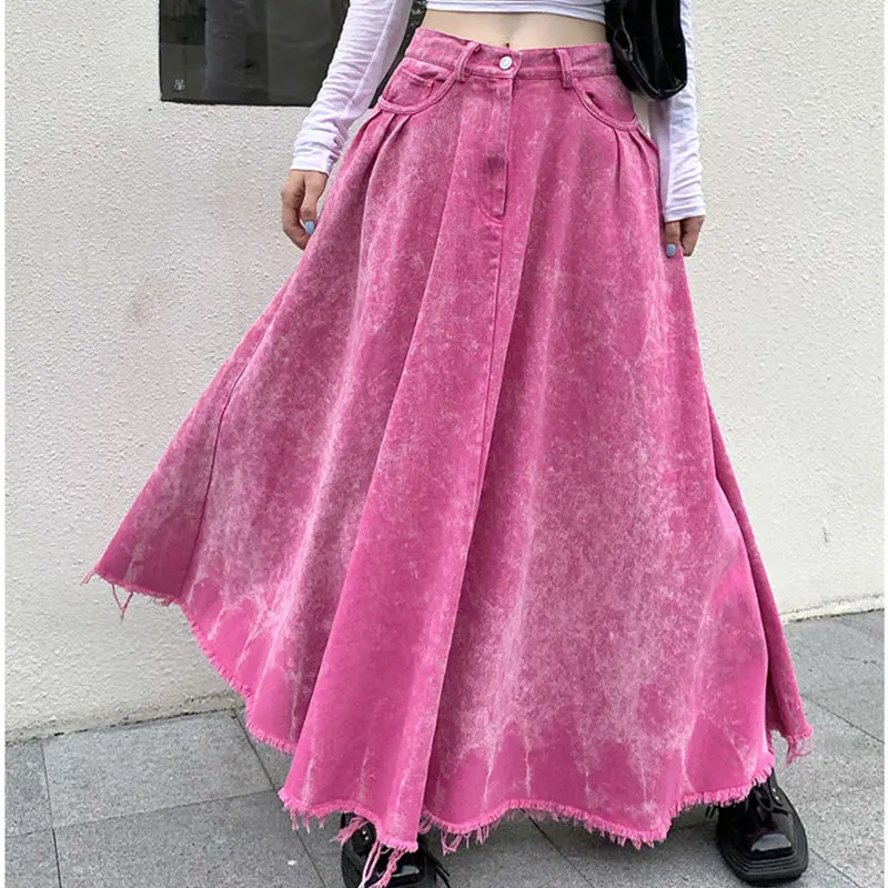 Washed A-Line Denim Skirt Women Spring Summer New Niche Design Dopamine Wear Low Waist Slim Floor Long Skirt