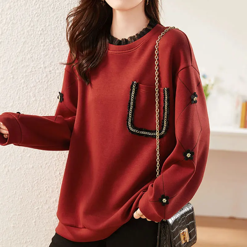 Fashion Beading Gauze Spliced Sweatshirts 2024 Autumn Winter Fake Two Pieces Female Clothing Casual Round Neck Pockets Pullovers