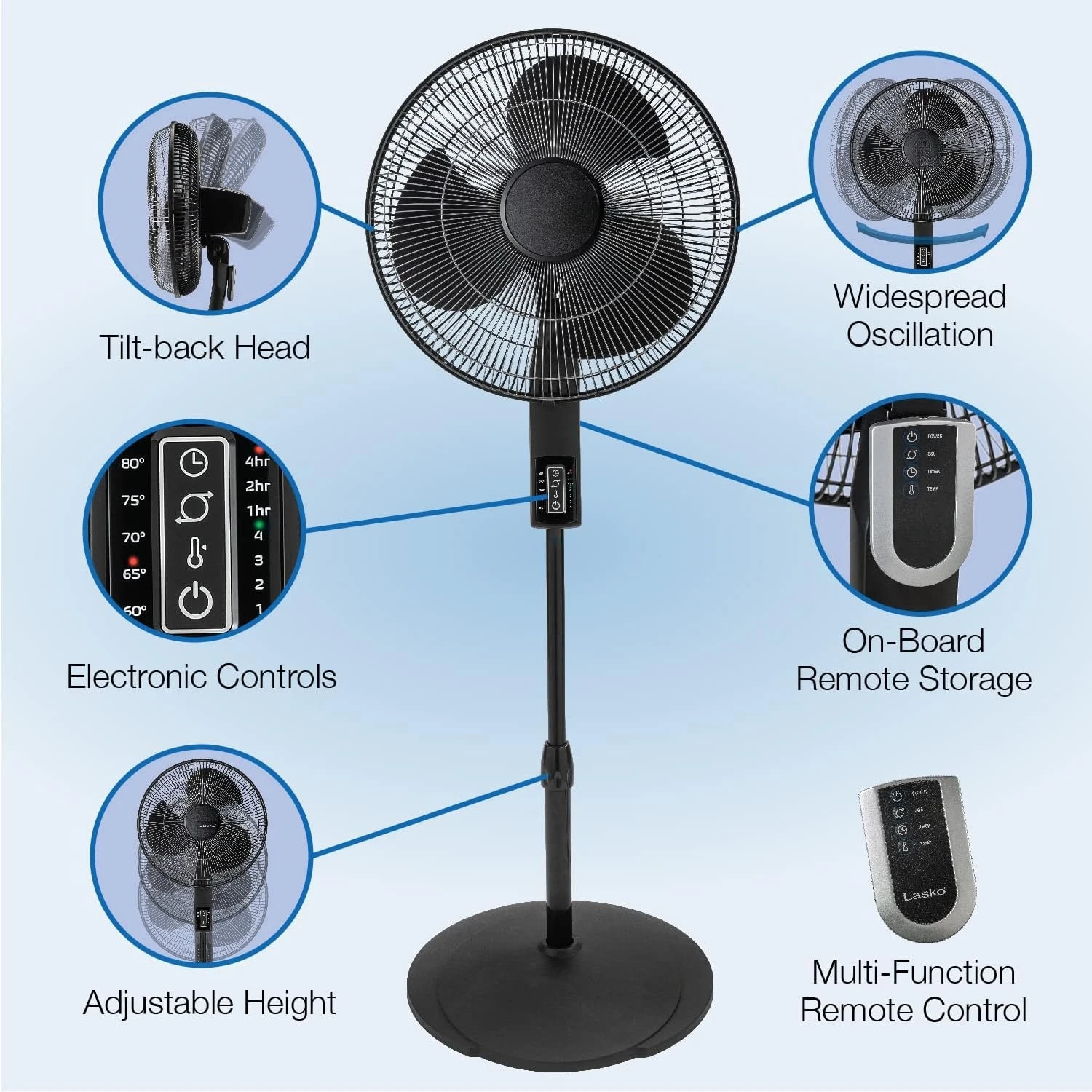 

Oscillating Pedestal Fan, Thermostat, Adjustable Height, Remote Control, Timer, 4 Speeds, for Bedroom, 16", Black, S16612
