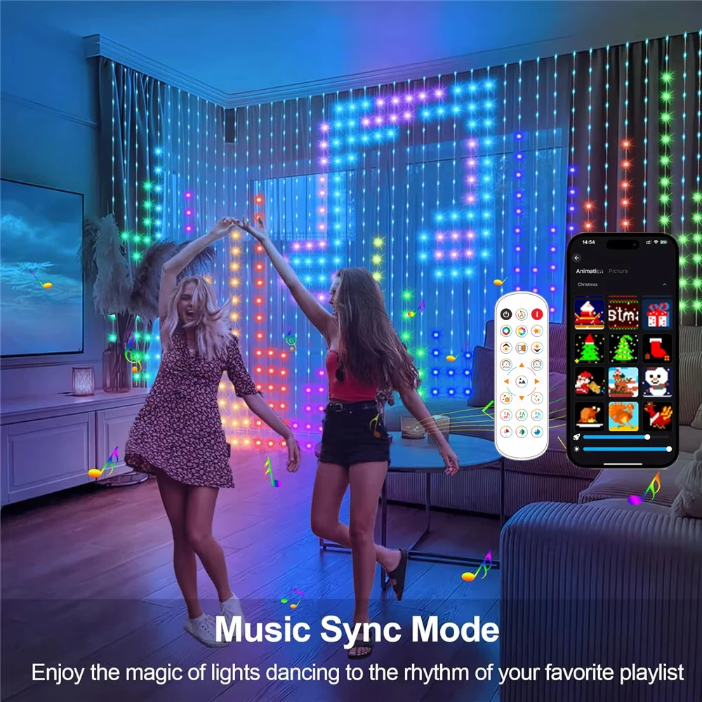 Smart LED Curtain Lights 400 LED Dynamic Pattern DIY Curtain USB String Lights with App & Remote for Birthday Easter Gift