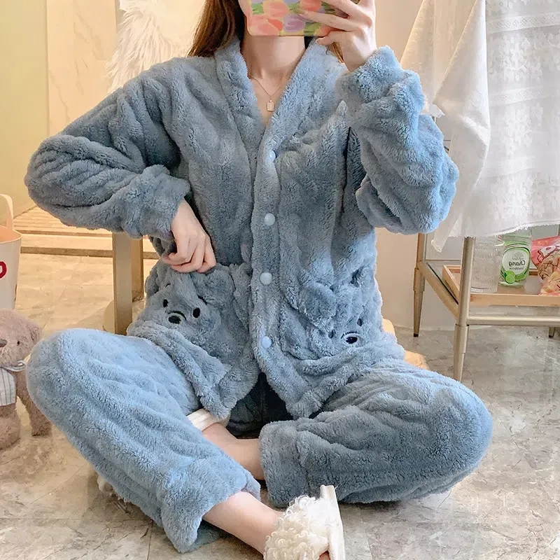 New Women\'s Pajamas Suit Autumn Winter Soft Coral Velvetl Sleepwear 2 Piece Set Hairy Loose Warm Home Service / Wear Out Female