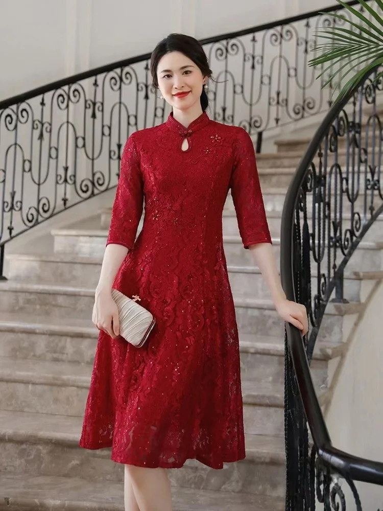 

Ele Red Mid-Length A-Line Qipao Dr with Lace And Sequins for Autumn Wedding Banquet plus Size Women's Dr