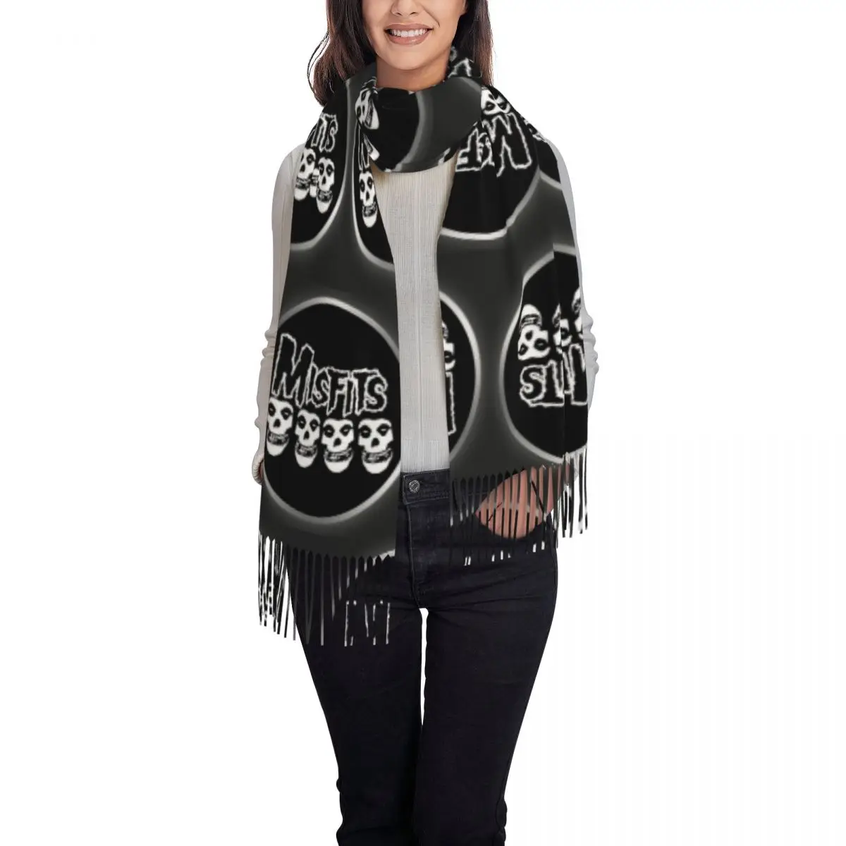 Misfits шарф с черепом, шарфы с кисточками, женские мягкие теплые шали и накидки, большая осенне-зимняя шаль