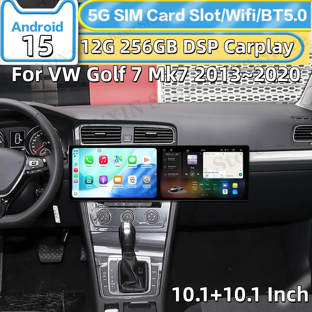 10.1 Inch Dual Screen Interaction Android 15 For VW Golf 7 Mk7 2013~2020 Car Radio Multimedia GPS Navigation HD Screen Head Unit