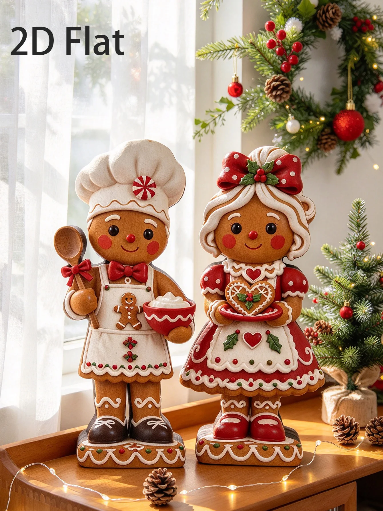 2-Piece Wooden Christmas Gingerbread Man Couple Ornaments, Chef Gingerbread Man Decoration Set, Bow-Tied Prince and Princess Decoration Ornament Set, Christmas Party Decoration Supplies Suitable for Living Room, Bedroom, Fireplace, and Tabletop Decoration