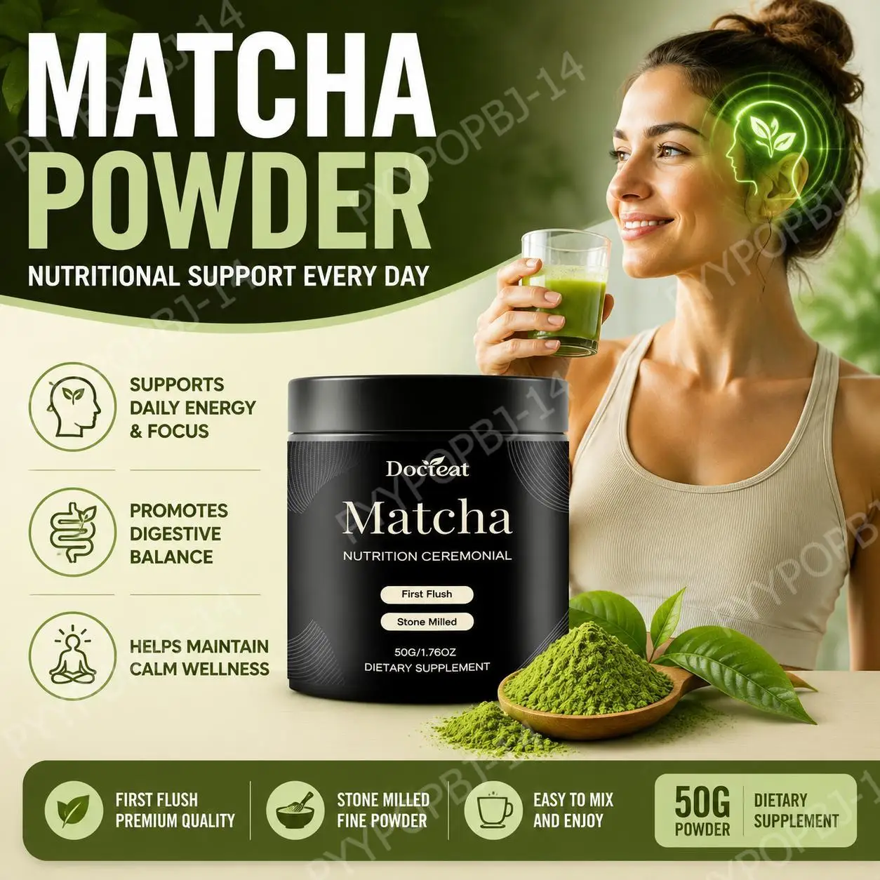 Docteat Matcha Ceremonial Powder 30 Servings Nutrition for Daily Energy Focus Digestive Balance Calm Wellness