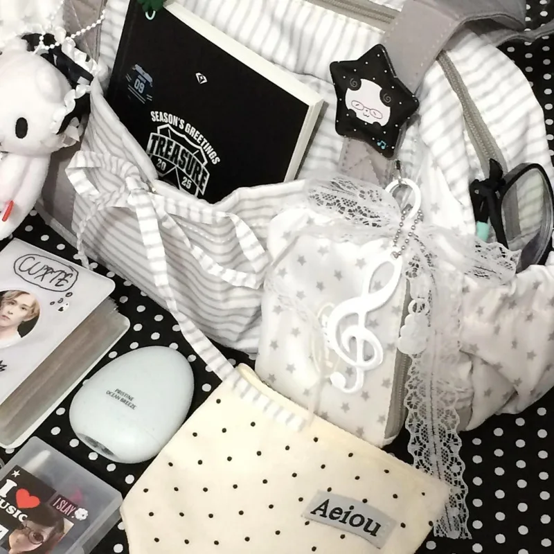 Tas Tote Musik Motif Bintang Gelombang Titik Pita Korea Tas Travel Bergaris Resleting Tas Selempang Kerja Kapasitas Besar Tas Boston Baru