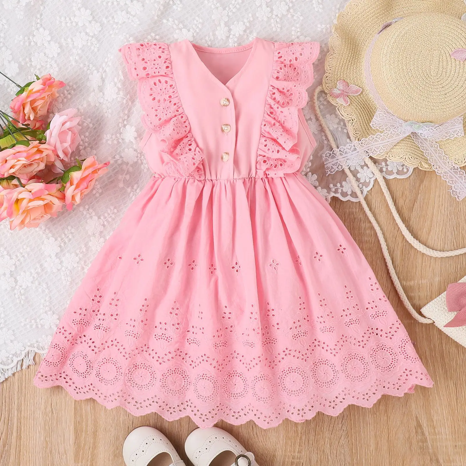 Summer New Hollow Girl Dresses Jacquard Lace Solid Color Ruffle Edge Princess Baby Girl Clothes Casual Small Medium Girl Dresses