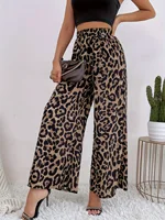 Pantalones de pierna ancha informales sueltos con colgante de cintura elástica con estampado de leopardo a la moda de primavera y otoño para mujer europea y americana