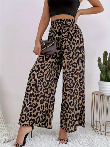 Pantalones de pierna ancha informales sueltos con colgante de cintura elástica con estampado de leopardo a la moda de primavera y otoño para mujer europea y americana