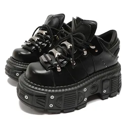 Punk Muffin Shoes Women Metal Decoration Gothic Thick Bottom Platform Lace-up Female Sneakers Solid Color Black Leisure shoes