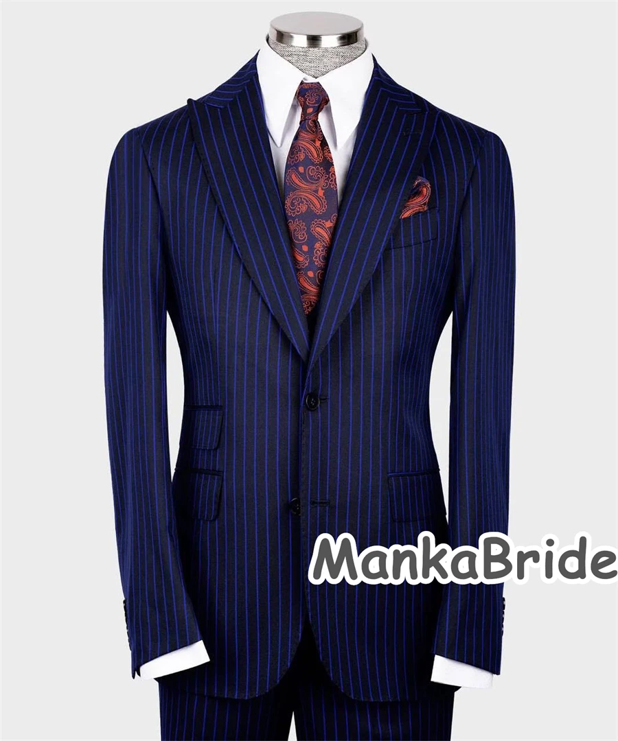 Terno clássico listra azul marinho masculino, roupas personalizadas de casamento, blazer, colete, calças, negócios formais, festa, 3 peças