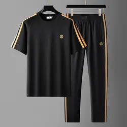 Sommer Seide rutschig Kurzarm Casual Sports Set für Herren High-End bestickte Band Straight Guard Hose