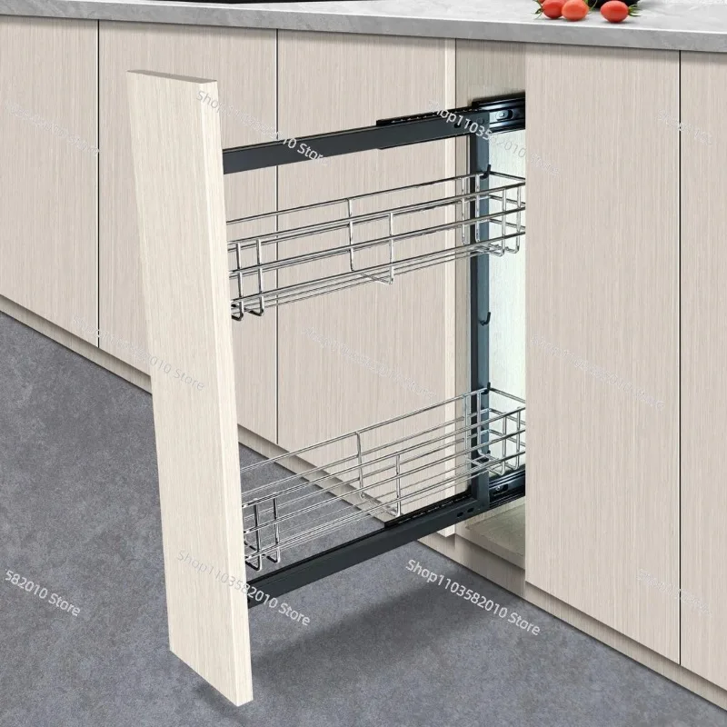 Double Layer Narrow Side Pull Out Basket, Sliding Drawer Storage Basket for Kitchen Floor Cabinet