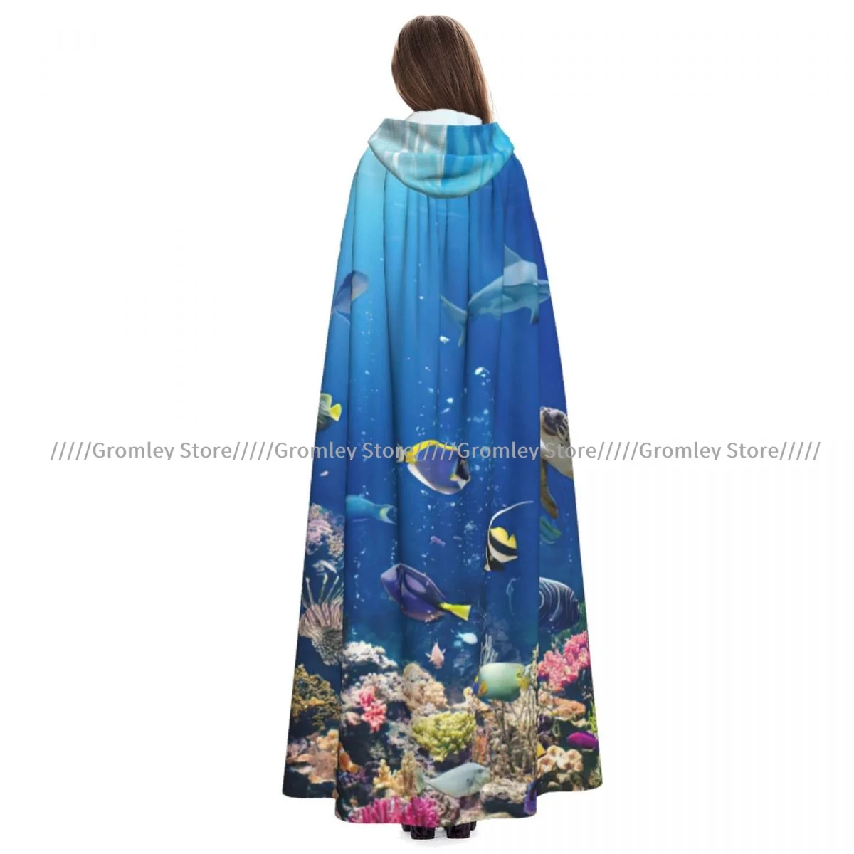 

Medieval Halloween Cosplay Cloak Hooded Coat Underwater With Colorful Sea Life Fishes Cape Coat Long Trench Costume Wizard Cloak