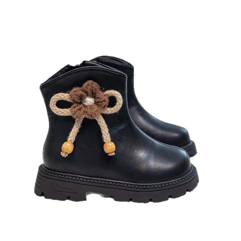 

2025 Autumn Winter New Girls' Beige Princess Ankle Boots Flower & Bow Decor Leather Boots Kids' Soft-Sole Non-Slip Short Boots