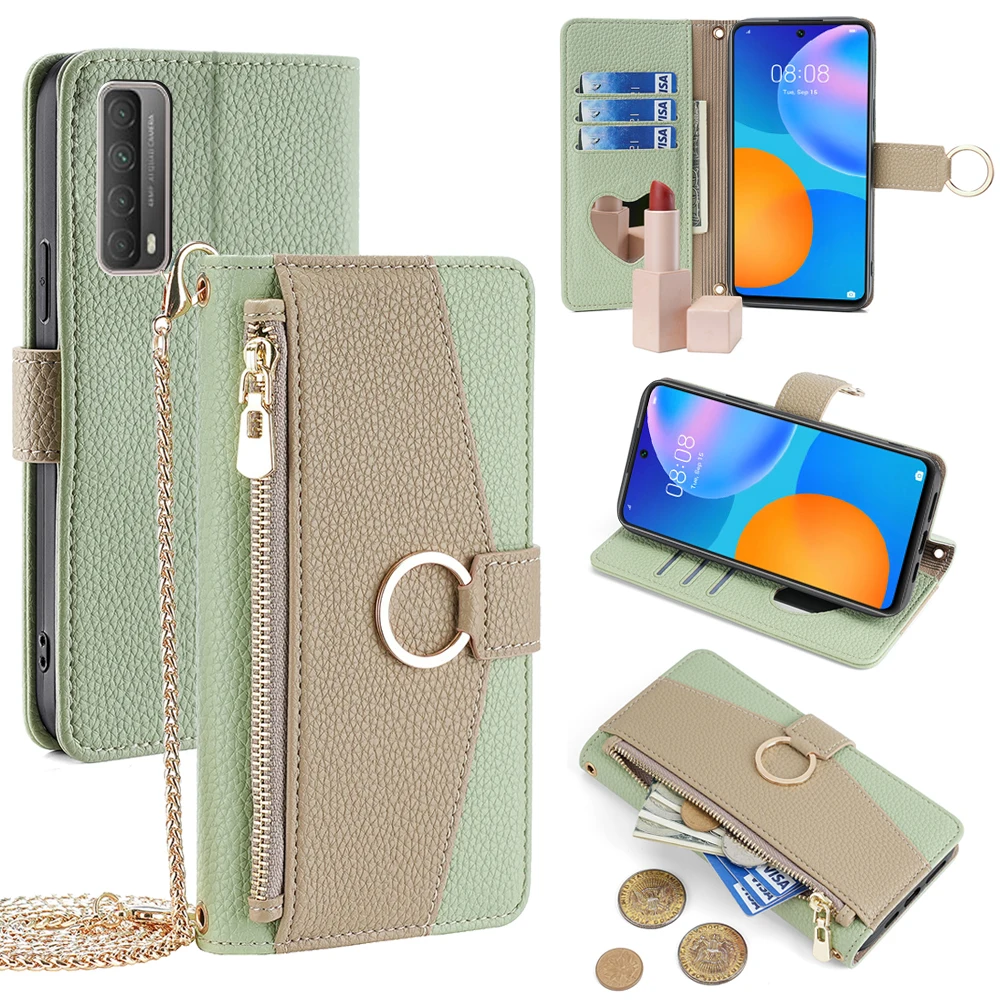 Zipper Wallet Crossbody Case Cover for Huawei Y6P Y7P Y8P Y9A Y7A Y7 Y6 Prime Y9 Y5 P Smart Flip Phone Case Card Slots Mirror