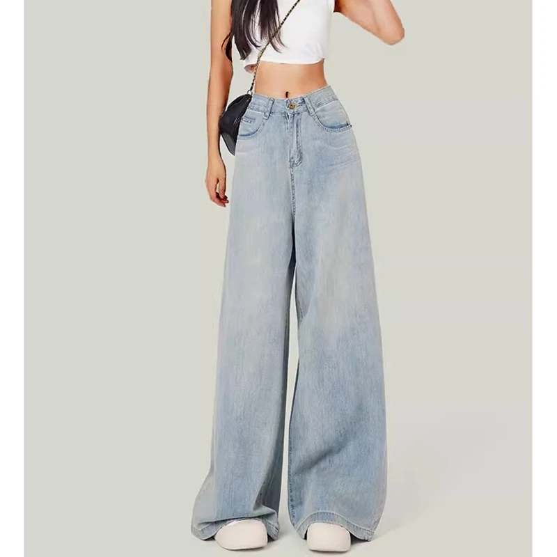 ผู้หญิงสูงเอวเสื้อผ้าแฟชั่น Baggy กางเกงยีนส์หญิง Vintage ขนาดใหญ่กางเกงขากว้างหญิง Gothic Light Blue ความงามกางเกง