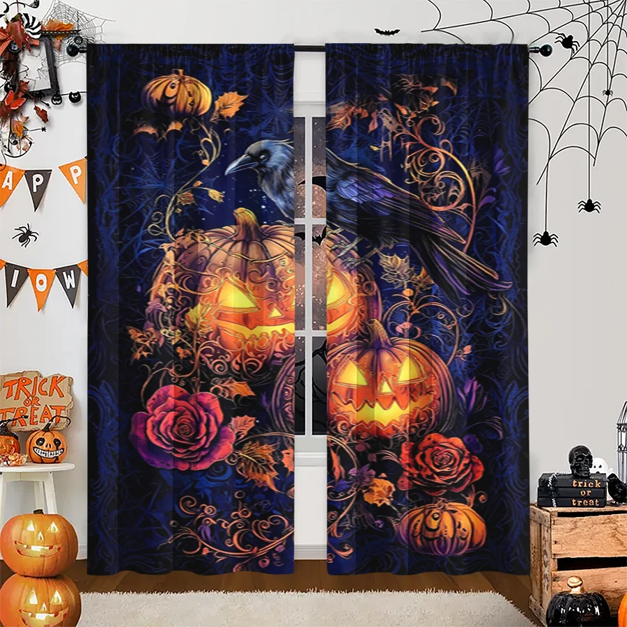 2PCS Digital Print Curtain, Glowing Pumpkins Roses Crow, Dark Blue Gothic Halloween Style for Living Room Bedroom Decor