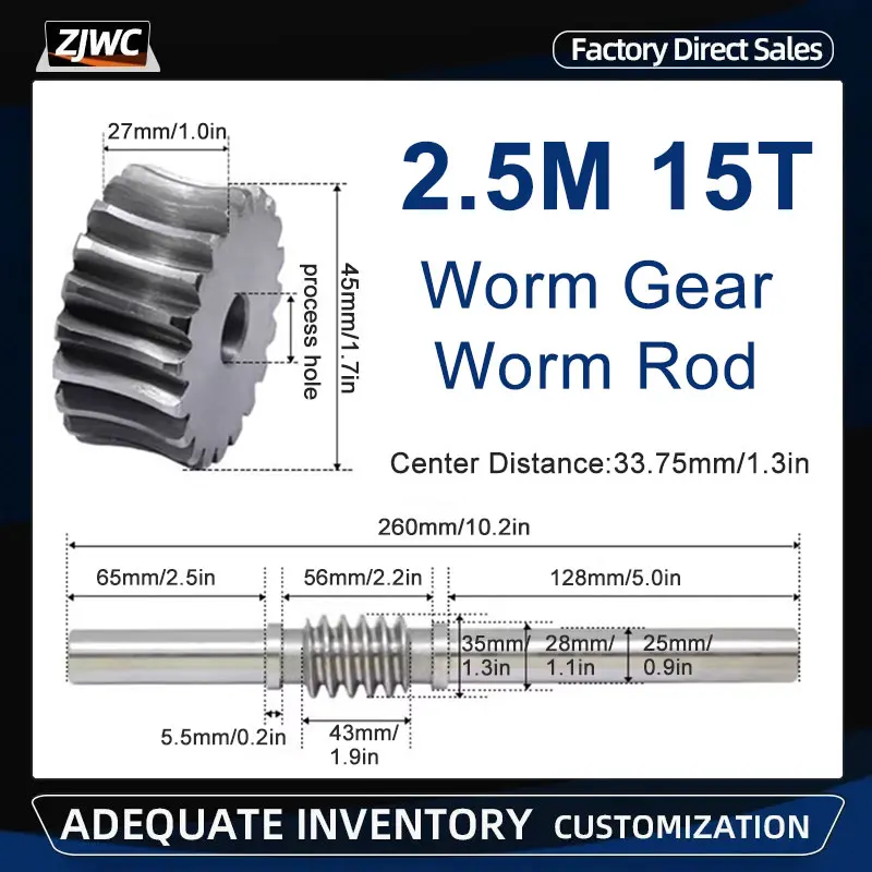 

1pcs 2.5 Modulus 15 Teeth Reducer Worm Gear Process Hole And 2.5M Worm Rod Transmission Ratio 1:15 45# Steel For CNC Parts